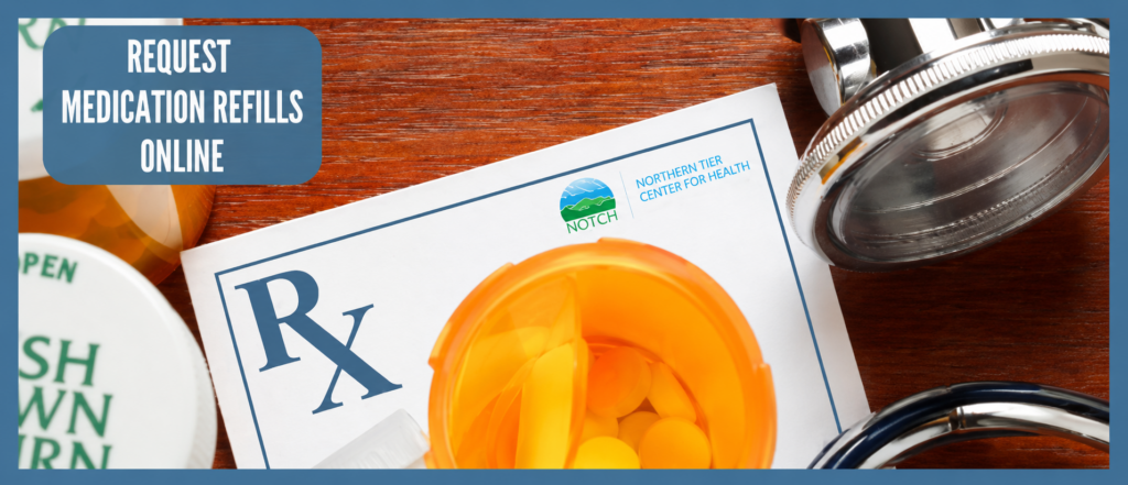 Request Medication Refills Online with Rx paper, stethoscope, and medicine